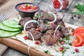 Close up view on served cooked on the grill veal. shashlik or barbecue meat with pita. Shish kebab, traditional georgian cuisine Royalty Free Stock Photo