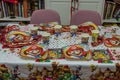Close-up view of served table with Mario theme decoration prepared for party.