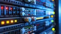 Data Center Equipment with Network Servers and Blinking Lights for System Administration Royalty Free Stock Photo