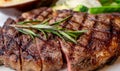 Close up view on serving of marinated grilled rib eye steak with baked potatoes and vegetables Royalty Free Stock Photo