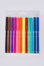 Close-up view of set of colorful felt tip pens in transparent plastic packaging  isolated Royalty Free Stock Photo