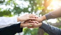 Hands of a diverse group stacked in a gesture of unity and collaboration teamwork stacking Royalty Free Stock Photo