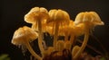 Close-up view of several mushrooms growing on tree branch. These mushrooms are yellow and appear to be in various Royalty Free Stock Photo