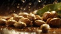 Close-up view of several peanuts, some with their shells removed and others still intact. They are placed on top of