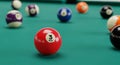 Close-up of Pool Balls on a Green Felt Table with Focus on the Number 3 Ball billiard snooker Royalty Free Stock Photo