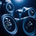Collection of professional camera lenses with reflective surfaces and blue lighting Royalty Free Stock Photo