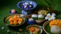 Close up view of several Thai traditional dessert serving on porcelain, wooden tray and brass tray Royalty Free Stock Photo