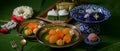 Close up view of several Thai traditional dessert serving on porcelain, wooden tray and brass tray Royalty Free Stock Photo