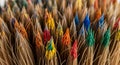 A close-up view of sharpened colored pencils arranged vertically. The tips are covere Royalty Free Stock Photo