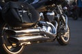 Close up view of a shiny chrome motorcycle design engine with ex Royalty Free Stock Photo