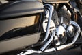 Close up view of a shiny chrome motorcycle design engine with ex Royalty Free Stock Photo