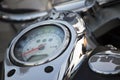 Close up view of a shiny chrome motorcycle design engine with sp Royalty Free Stock Photo