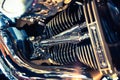 Close up view of a shiny motorcycle engine. Macro Royalty Free Stock Photo