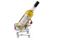 Close up view of shopping cart filled with single malt coastal highland scotch whisky Clynelish bottle isolated.