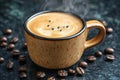A close-up view showcases a steaming cup of espresso with fine bubbles on the surface, placed on a dark marble table. Coffee beans Royalty Free Stock Photo