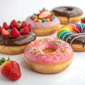 Delicious assortment of frosted donuts with fresh strawberry toppings and rainbow sprinkles Royalty Free Stock Photo