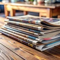Stack of Magazines on a Rustic Wooden Table pile publication Royalty Free Stock Photo