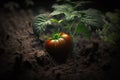 A close-up view shows a tomato plant growing in a garden filled with nutrient-rich, dark soil. AI