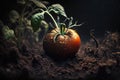 A close-up view shows a tomato plant growing in a garden filled with nutrient-rich, dark soil. AI