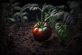 A close-up view shows a tomato plant growing in a garden filled with nutrient-rich, dark soil. AI