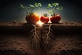 A close-up view shows a tomatoes plant growing in a garden filled with nutrient-rich, dark soil. AI