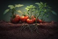 A close-up view shows a tomatoes plant growing in a garden filled with nutrient-rich, dark soil. AI