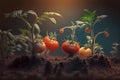 A close-up view shows a tomatoes plant growing in a garden filled with nutrient-rich, dark soil. AI