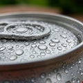Close-up view of a silver aluminum can lid covered in water droplets. The surface text Royalty Free Stock Photo