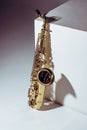 close-up view of single shiny professional saxophone