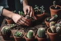 Close Up View Of Skilled Womans Hands Cultivate Cacti And Succulents In Cement Pots On A Wooden Table - Generative AI