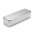 A close-up view of a sleek silver metal box on a plain white background Royalty Free Stock Photo