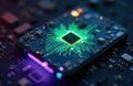 Close-up view of smartphone circuit board with glowing microchip. Digital technology concept highlights intricate electronic Royalty Free Stock Photo