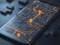 Smartphone screen showcasing a dark futuristic city map with glowing orange lines and prominent location pins Royalty Free Stock Photo