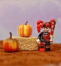 Close-up view of the Smylex lego figurine standing by the hay and pumpkins - Halloween concept