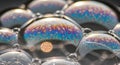 A close-up view of soap bubbles displaying a mesmerizing pattern of iridescent Royalty Free Stock Photo