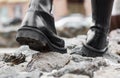 Close up view sole black leather boot on stone nature background Royalty Free Stock Photo