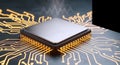 Close up view of a sophisticated computer processor or cpu mounted on a circuit board with glowing golden lines Royalty Free Stock Photo