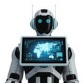 Futuristic humanoid robot with digital display showing world map and data Royalty Free Stock Photo