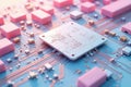 Close-up view of a sophisticated microchip integrated into a complex circuit board, showcasing intricate pathways and electronic Royalty Free Stock Photo