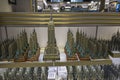 Close up view of souvenir shelf with small replica models of Empire State Building. New York.