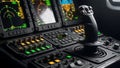 A close-up view of a spaceship control panel with joysticks and screens Royalty Free Stock Photo