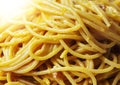 Close-up view of spaghetti with carbonara sauce. Typical Roman recipe with eggs, bacon, pecorino romano and parmesan Royalty Free Stock Photo