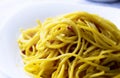 Close up view of spaghetti carbonara. Typical Italian recipe. The main ingredients are eggs, parmesan cheese, pecorino cheese and Royalty Free Stock Photo