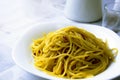 Close up view of spaghetti carbonara. Typical Italian recipe. The main ingredients are eggs, parmesan cheese, pecorino cheese and Royalty Free Stock Photo