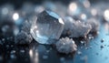 Close-up view of sparkling silver crystals on reflective surface. Geometric facets catch light, creating brilliant, shimmering Royalty Free Stock Photo