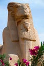 Close up view of the Sphinx of the god Amon Ra, Body of the lion and head of a sheep and King Nectanebu standing in front of the s