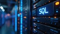 Close-up view of SQL server with glowing blue lights. Rows of computer hardware with SQL sign on front. Data storage, processing Royalty Free Stock Photo