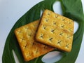 Close up view of a stack of crackers biscuit on an ornamental green monstera leaf. Royalty Free Stock Photo