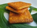 Close up view of a stack of crackers biscuit on an ornamental green monstera leaf.