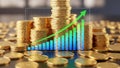 A close-up view of a stack of gold coins with a rising green graph line Royalty Free Stock Photo